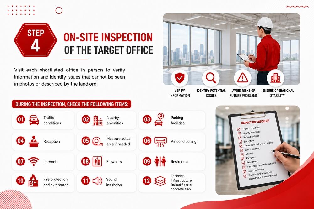 Create a checklist for on-site inspection of your target office