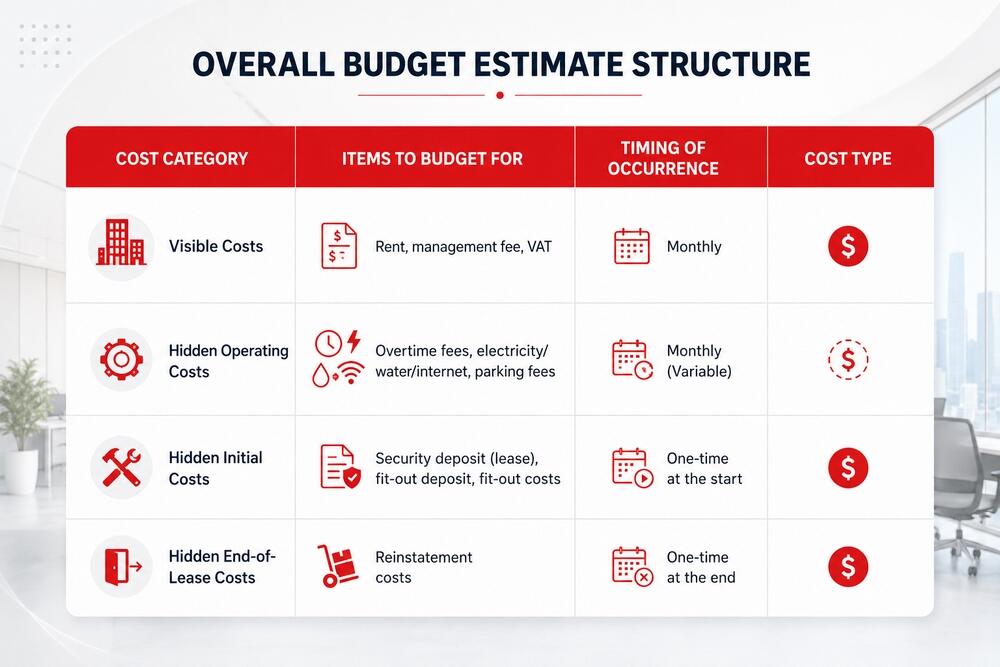 Office lease cost budgeting table