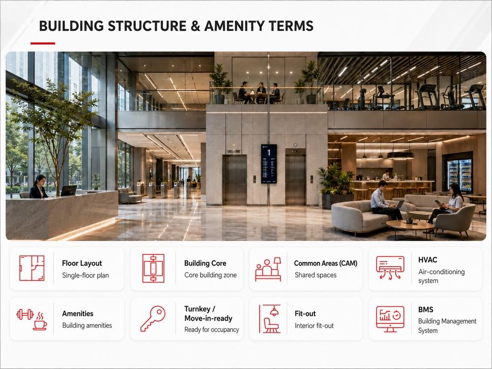 Terminology for office building structure and amenities