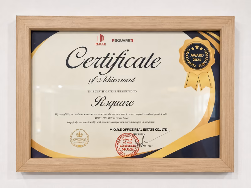 Certificate of Achievement Presented to RSQUARE by M.O.R.E Office Real Estate Co., Ltd