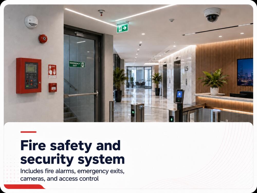 Fire safety and security system with access control in office building