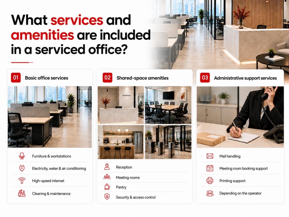 Services and amenities included in serviced office