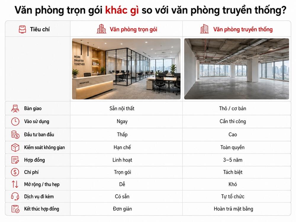 Bảng so sánh văn phòng trọn gói và văn phòng truyền thống