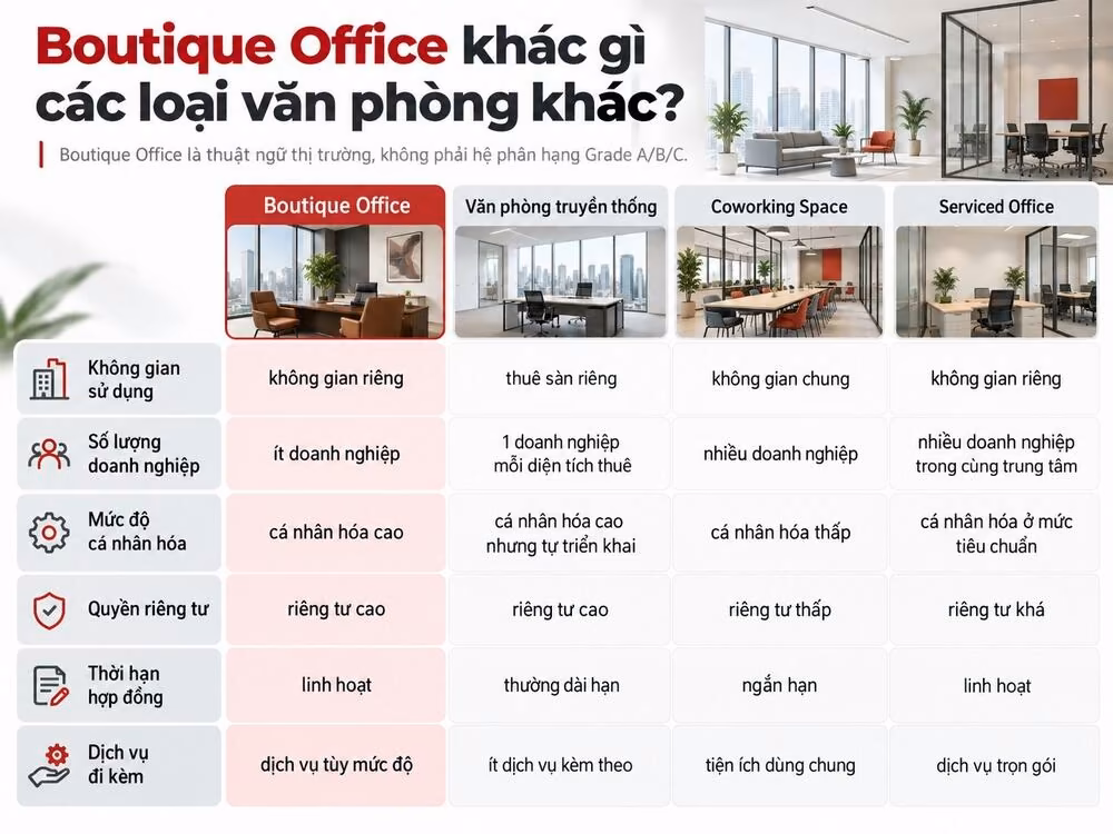 Bảng so sánh Boutique Office với các loại hình văn phòng khác
