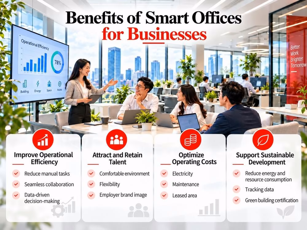 Key benefits of smart offices for businesses including efficiency and talent retention