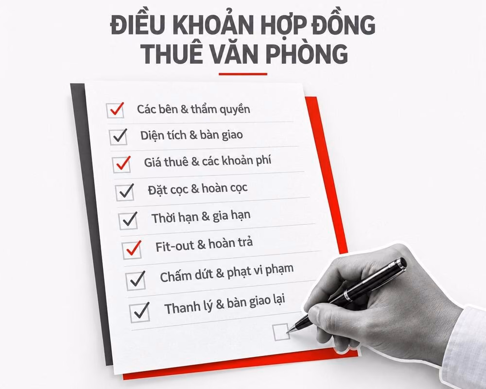 Các điều khoản bắt buộc trong hợp đồng thuê văn phòng: giá thuê, đặt cọc, thời hạn thuê và chấm dứt hợp đồng