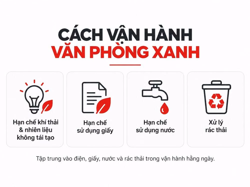 Cách vận hành văn phòng xanh với bốn nhóm gồm giảm khí thải, hạn chế giấy, tiết kiệm nước và xử lý rác thải