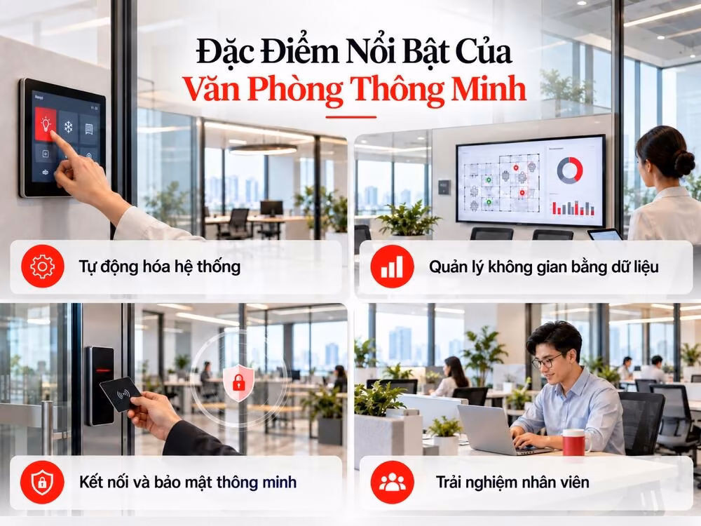 Các đặc điểm nổi bật của văn phòng thông minh như tự động hóa, kết nối an ninh và quản lý dữ liệu