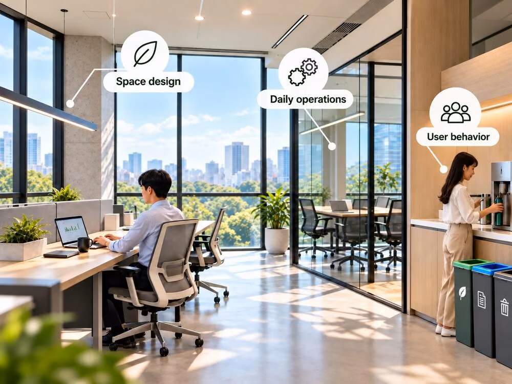 Green office combining sustainable workspace design, daily operations and user behavior
