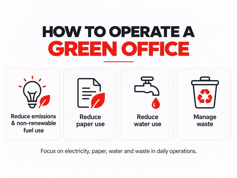 Green office operations covering emissions reduction, paper reduction, water conservation and waste management