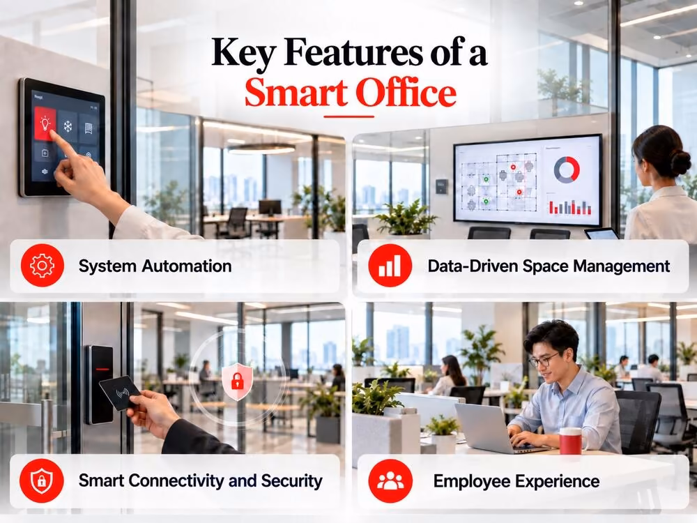 Key features of a smart office system including automation, connectivity, and space management