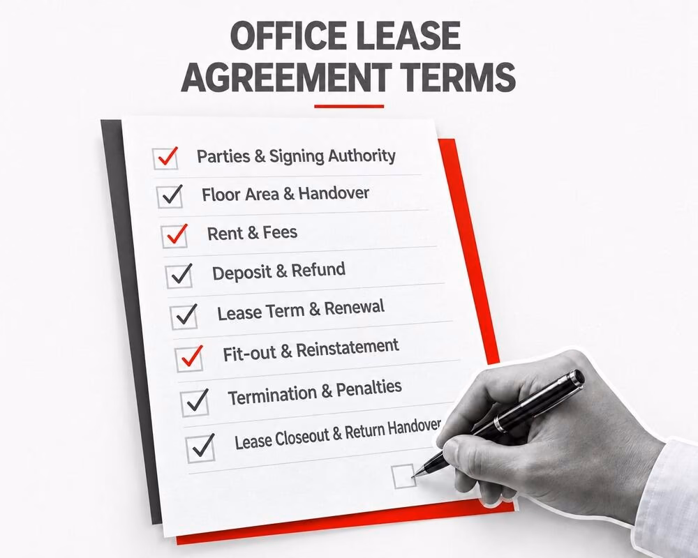 Essential office lease agreement clauses covering rent, security deposit, lease term and termination