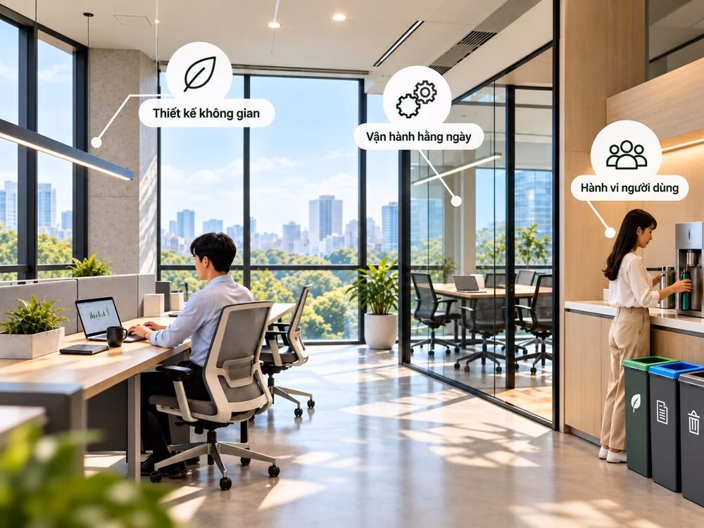 Văn phòng xanh với thiết kế không gian, vận hành hằng ngày và hành vi người dùng hướng đến sử dụng tài nguyên bền vững